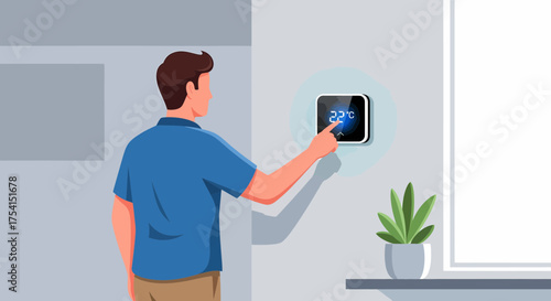 Man Adjusting Smart Thermostat For Comfortable Home Environment