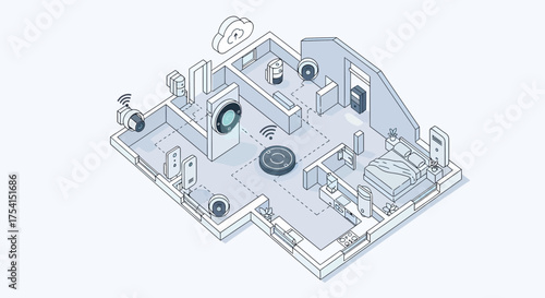 Isometric Smart Home System Featuring Connected Devices and Appliances