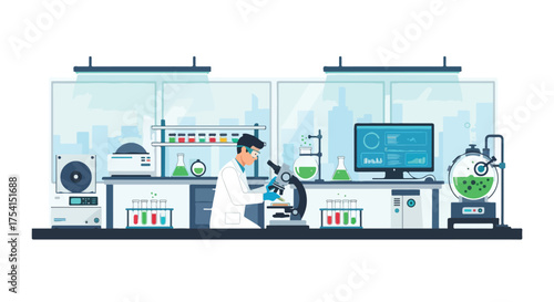 Scientist in modern laboratory conducting research using advanced equipment and technology with city background visualization