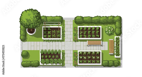 Elevated view of a tranquil community garden with raised beds, meandering pathways, and vibrant greenery displaying an inviting and peaceful urban