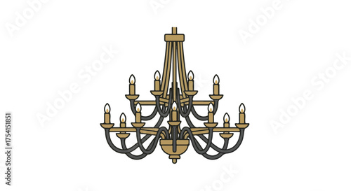 Elegantly designed cartoon chandelier with multiple tiers and candle-like light fixtures illuminating a modern interior