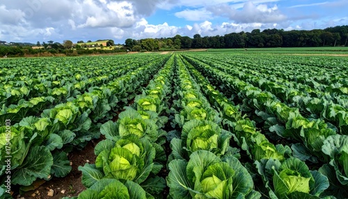 Cabbage cultivated fields in Bretagne in French countryside. View of a green cabbage patch field in Brittany, France