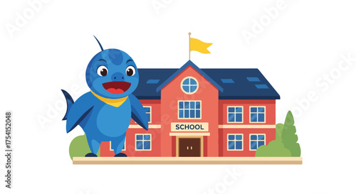 Cartoon shark character promoting education standing in front of a colorful school building illustration