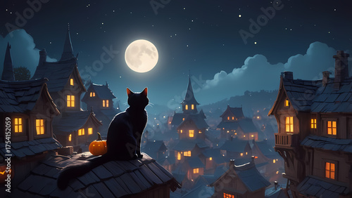 Halloween night scene with castle and spooky background