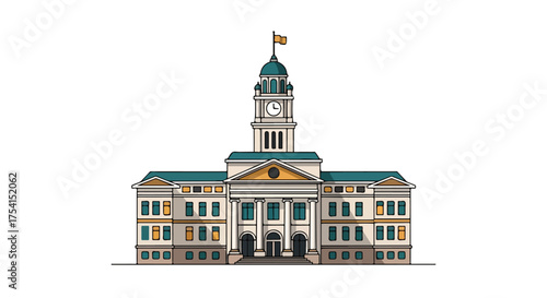 Detailed Vector Illustration of a Government Building with Classic Architectural Style and Clock Tower on a Clean White Background