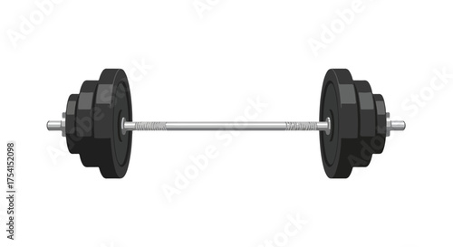 Isolated barbell with weight plates representing strength and physical fitness exercise in gym equipment, workout essentials and physical activity