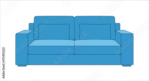 Stylized blue cartoon sofa with two cushions for a comfortable home furnishing illustration