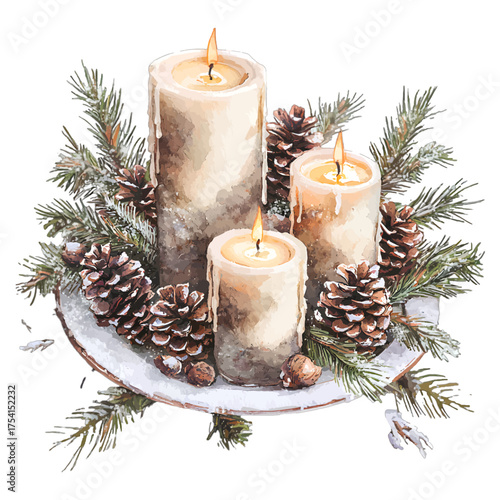 Cozy Watercolor Christmas Candle Arrangement with Pine Cones

