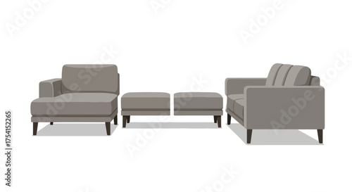 Modular Seating Arrangement: Gray Sofa, Chair, and Ottomans for Modern Living Spaces and Interior Design