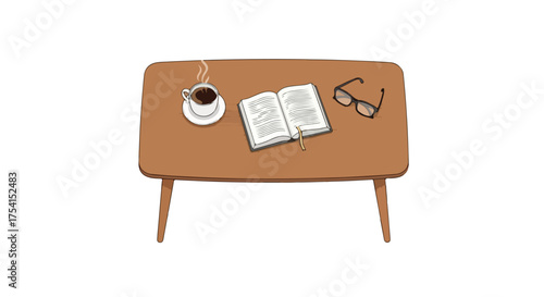 A moment of reflection: Cozy tableau featuring steaming coffee, open book, and glasses on a wooden surface inviting relaxation and contemplation