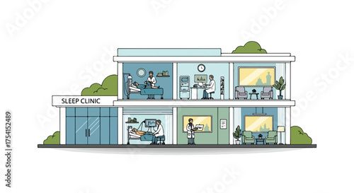 Sleep Disorders Medical Center: Illustration of Patient Care and Polysomnography Diagnostics at Night Testing Facility