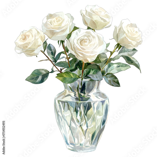 Elegant Watercolor White Rose Bouquet in Glass Vase Clipart

