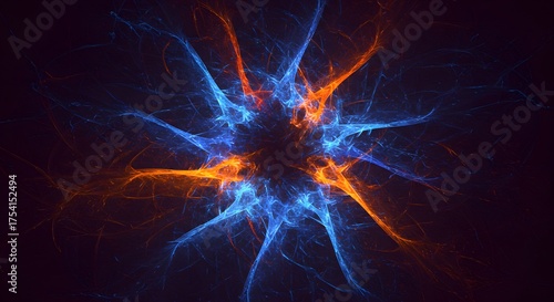 Abstract burst of energy, transitioning from orange to blue hues, emanating from a dark center