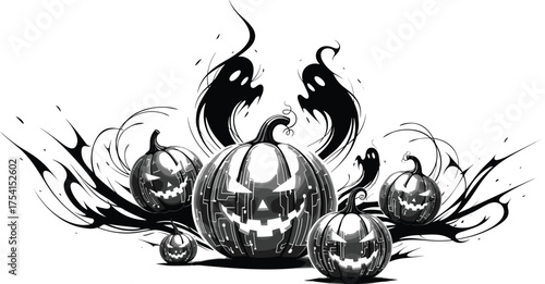 Sinister Halloween jack-o'-lanterns with glowing faces in spooky black and white ghostly flames, perfect for eerie seasonal vector content