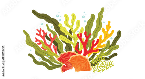Lively sea vegetation with coral and seashells creating an underwater aesthetic scene illustration