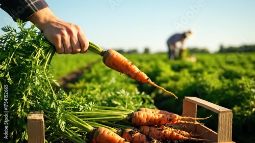 Hand holding fresh carrots in wooden crate during harvest season