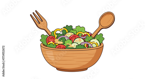 Cartoon illustration showcasing a vibrant salad in a wooden bowl, accompanied by a wooden fork and spoon, set against a crisp white background