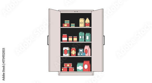 Stylized pantry illustration depicting organized food supplies inside a standing cabinet on a white background