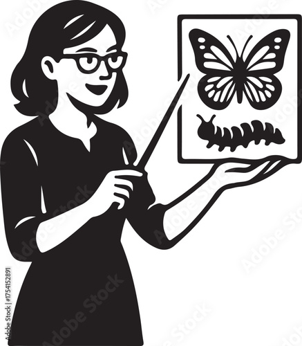 Vector art of teacher with glasses explaining butterfly life cycle