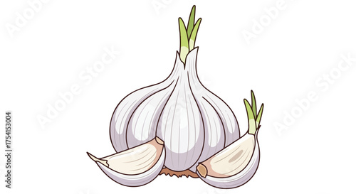 Cartoon depiction of a garlic bulb with sprouting greens and cloves on a plain white background