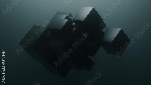 Matte black cubes form an abstract geometric cluster floating in deep space. A minimal and futuristic 3D render perfect for design, motion graphics or conceptual storytelling.
