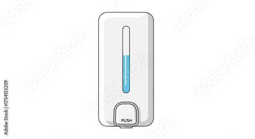 Modern white soap dispenser with blue liquid and push button for hygiene and cleanliness representation
