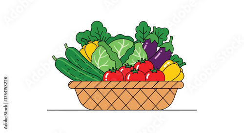Vibrant harvest basket illustration, overflowing with fresh vegetables representing farm-to-table wellness and dietary diversity