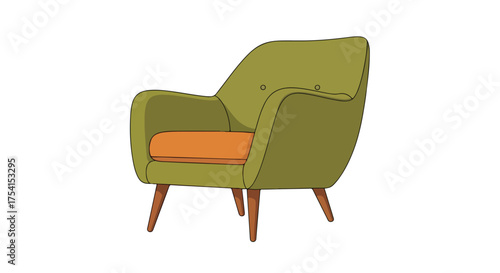Illustration of a Stylish Mid-Century Modern Armchair with Olive Green Upholstery and Wood Legs, Perfect for Home Decor