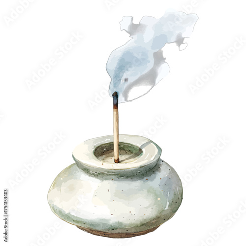 Watercolor Incense Stick Burning in Ceramic Holder Vector