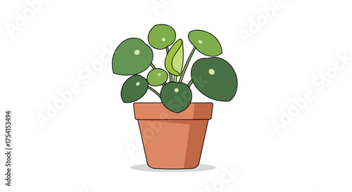 Stylized illustration of a money plant seedling in a terracotta pot against a clean white backdrop conveying simplicity and modern aesthetics