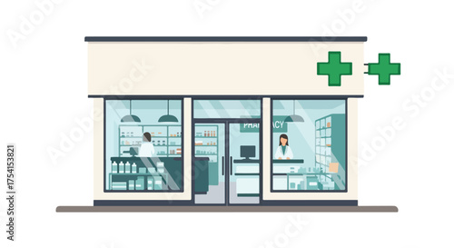 Modern pharmacy facade with staff and stocked shelves offering a vital community healthcare destination for medical supplies and consultations