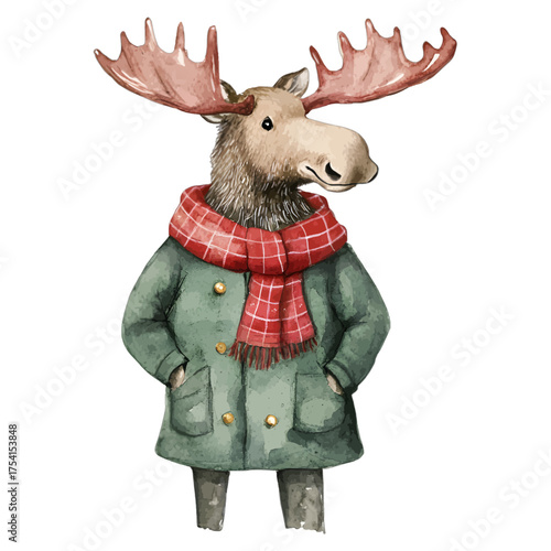 Cute Winter Moose in Green Coat and Plaid Scarf: Watercolor Clipart

