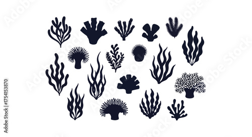 Minimalist marine flora composition with stylized algae and coral silhouettes creating a natural sea life pattern arrangement on white backdrop