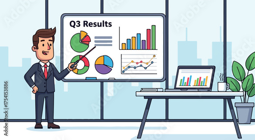 Businessman presenting q3 results with charts and graphs in a modern office setting cartoon style