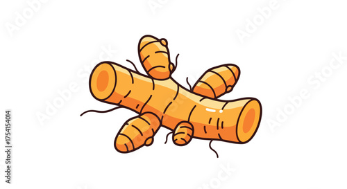 Hand-drawn illustration of a vibrant turmeric root against a pristine white backdrop, showcasing its natural form, ideal for culinary and wellness