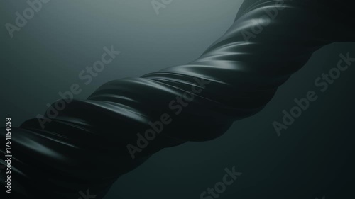 Stylized 3D render of a twisted black matte structure suspended in a foggy ambient space. Smooth and elegant form with subtle lighting. Ideal for modern abstract design and visual art.
