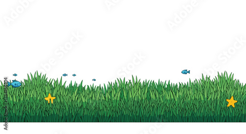 Cartoonish underwater meadow with blue fish and yellow starfish on a white backdrop vector graphic illustration with simple shapes for kids projects