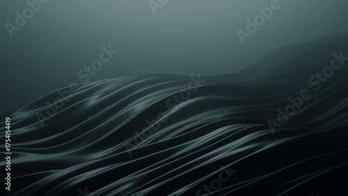 Minimal abstract 3D render of flowing black waves in a dark ambient space. Smooth surface with soft lighting and a mysterious futuristic feel. Perfect for modern digital design.