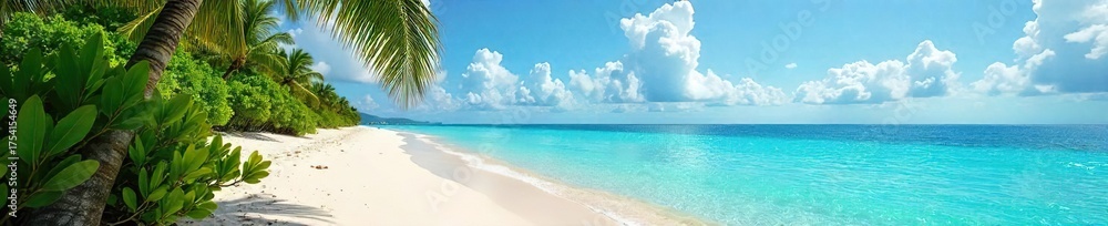 Fototapeta premium Secluded Tropical Beach Paradise Lush Vegetation, Turquoise Waters, Deserted Island Escape