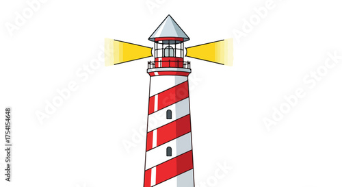 Striking lighthouse illustration with beaming light on a clear background for maritime navigation and safety depicted with bold red and white stripes