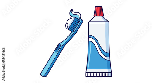 Toothbrush with toothpaste and toothpaste tube showcasing oral hygiene products for dental care, offering a clean and fresh cartoon illustration