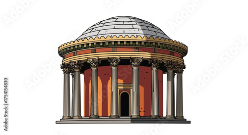 Illustrative depiction of ancient temple with doric columns and domed roof on pure white backdrop showing detailed architectural design and