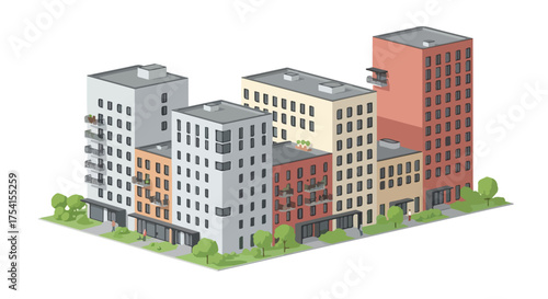Isometric representation of a modern urban block showcasing a mix of residential and commercial buildings with subtle architectural variations