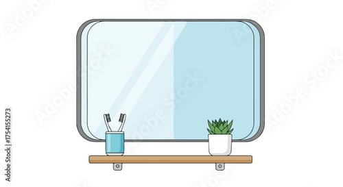 Stylized bathroom interior with a rectangular mirror, succulent, and toothbrush holder on wooden shelf, creating a clean and minimalist ambiance
