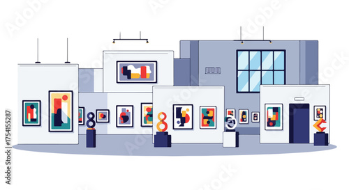 Contemporary Art Gallery Interior Featuring Geometric Artwork and Sculptures Displayed on Walls and Pedestals