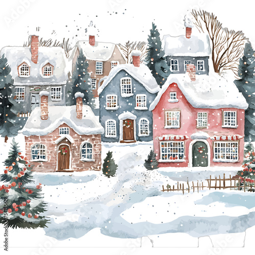 Watercolor Christmas Village Clipart: Cozy Snowy Town Illustration
