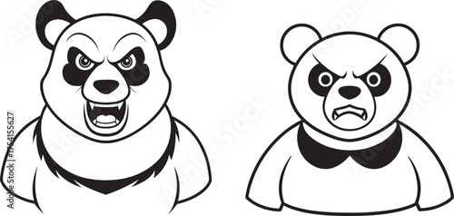 Two Cartoon Panda Bears Displaying Angry Facial Expressions in Black and White Drawing