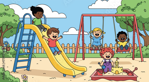 Children playing at playground cartoon illustration kids slide swings sandbox happy kids vector image