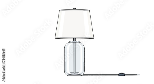 Elegant table lamp with a clear glass base and white lampshade, designed for modern interior, artistic line drawing with electrical cord connection