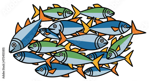 School of colorful cartoon fish swimming together in a vibrant mass formation on a white background illustrating marine wildlife and movement